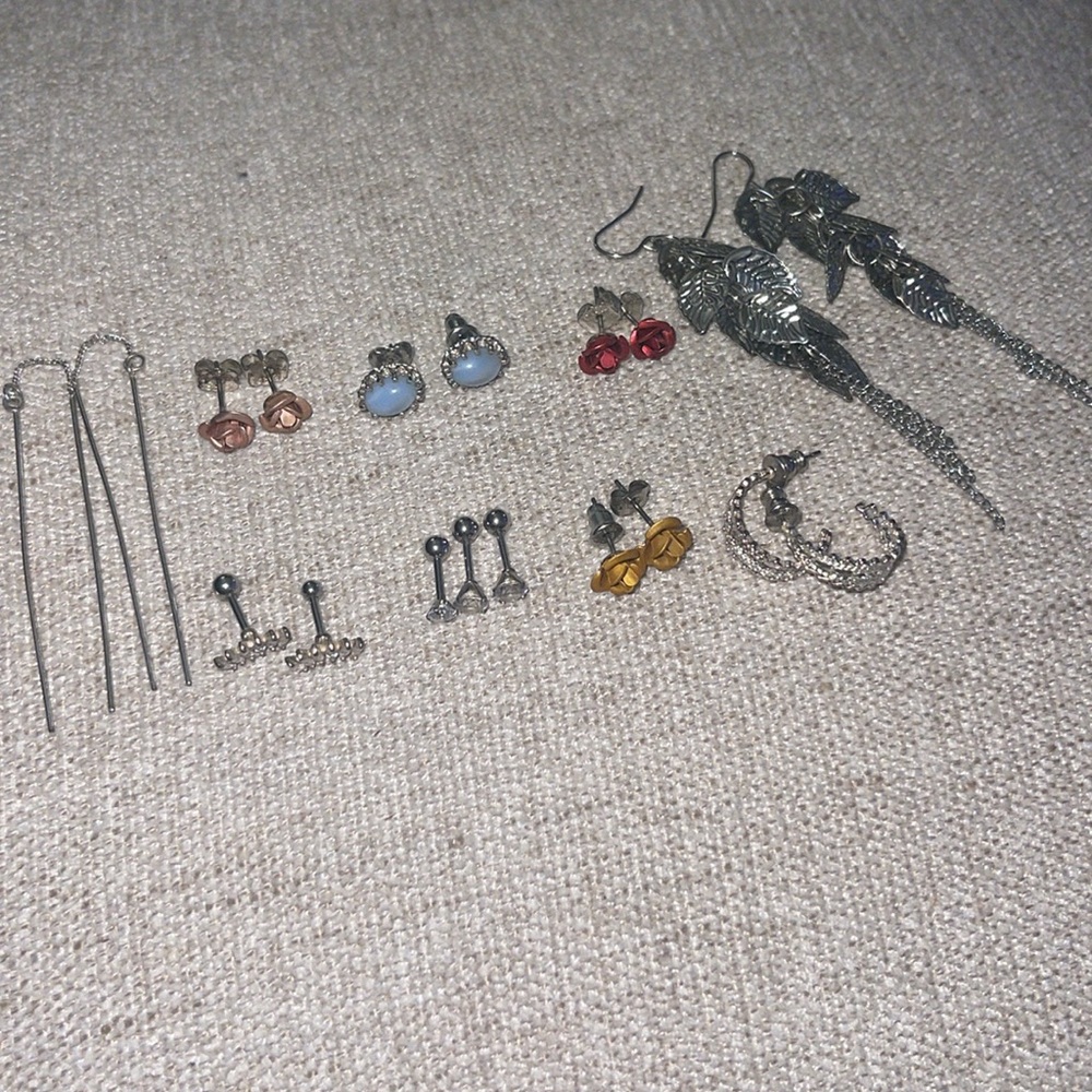 Bundle Silver Tone Stud Hoop Dangle‎ Earrings Rose Screw Back Threaded Leaves